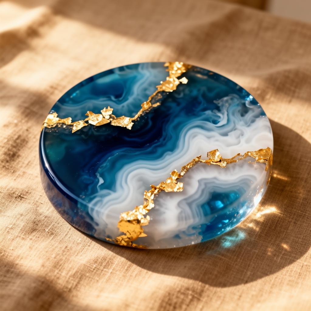 Glossy ocean-themed resin geode art with gold leaf